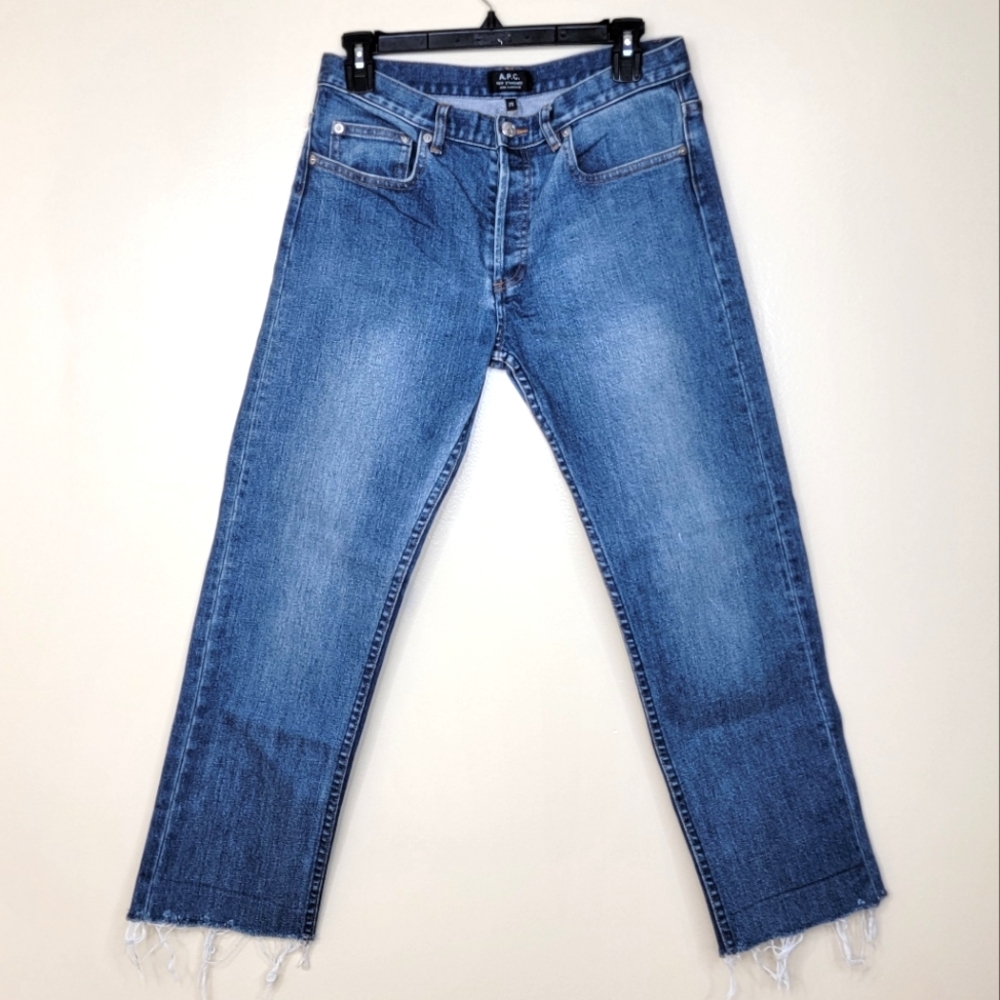 A.P.C Medium Wash Denim Jeans Pants Size 29 Distressed Hem Button Fly